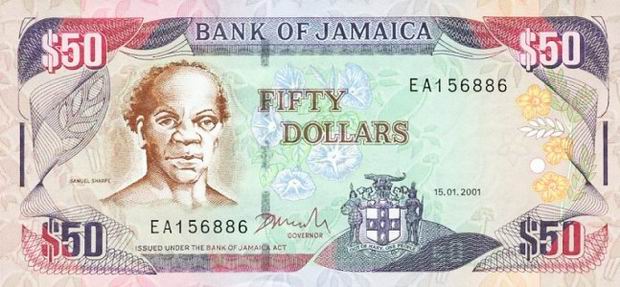 Купюра номиналом 50 ямайских долларов, лицевая сторона